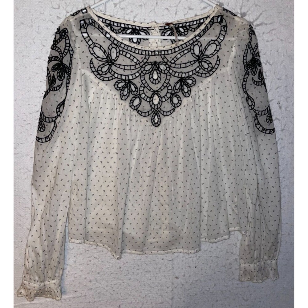 Free People Cotton White Black Embroidered Long Sleeve Tunic Peasant Blouse sz S